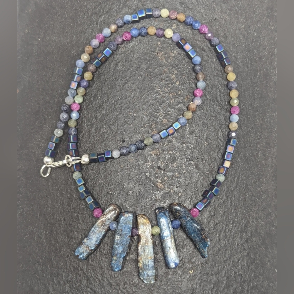 Handmade Sapphire, Ruby & raw Kyanite choker necklace.